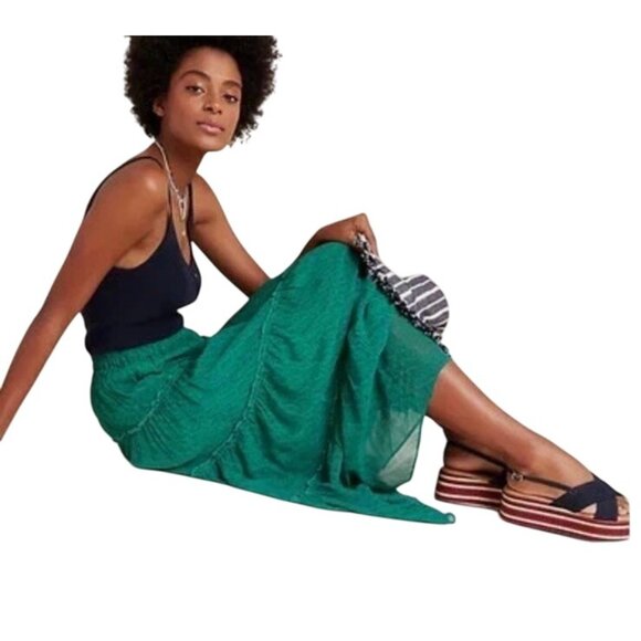 Anthropologie Maeve Tiered Midi Maxi Skirt Women’s Small  Green Elastic Waist - Picture 8 of 13